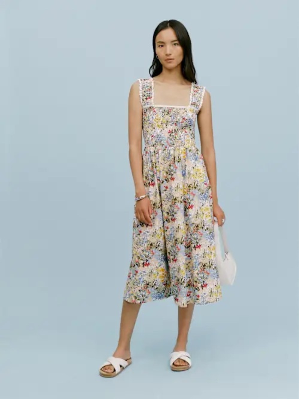 Reformation Floral Print Smocked Villa Midi Dress